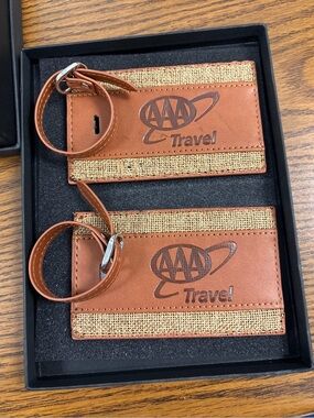Brown Leather & Burlap Travel Key Tag Set - AAA Travel Logo